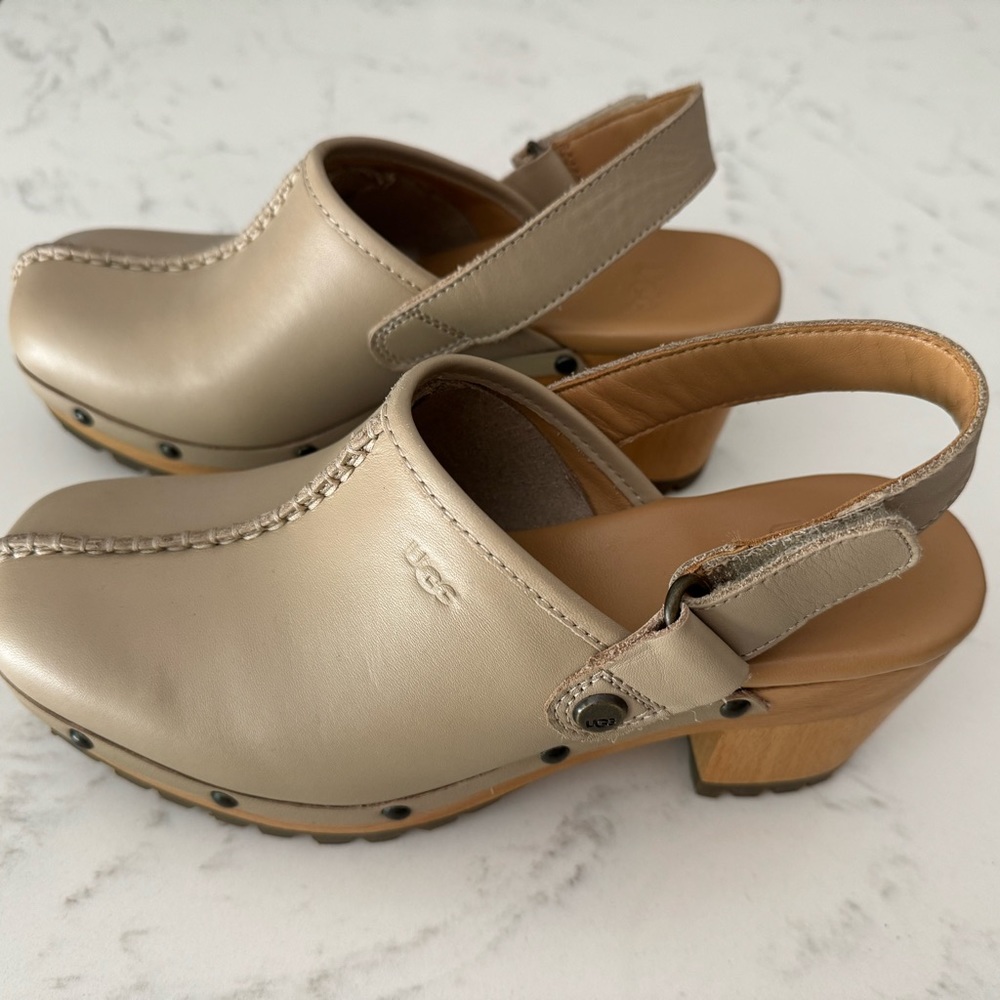 Women's UGG Lanni Studded Slingback Wood Platform Leather Sherpa Lined Clogs 6